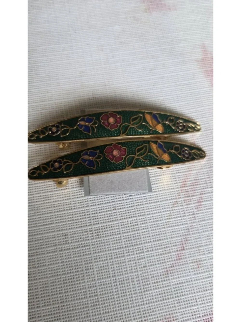 Vintage Cloisonné Hair Barrette Clip Gree Floral Enamel Ornate Set Of 2